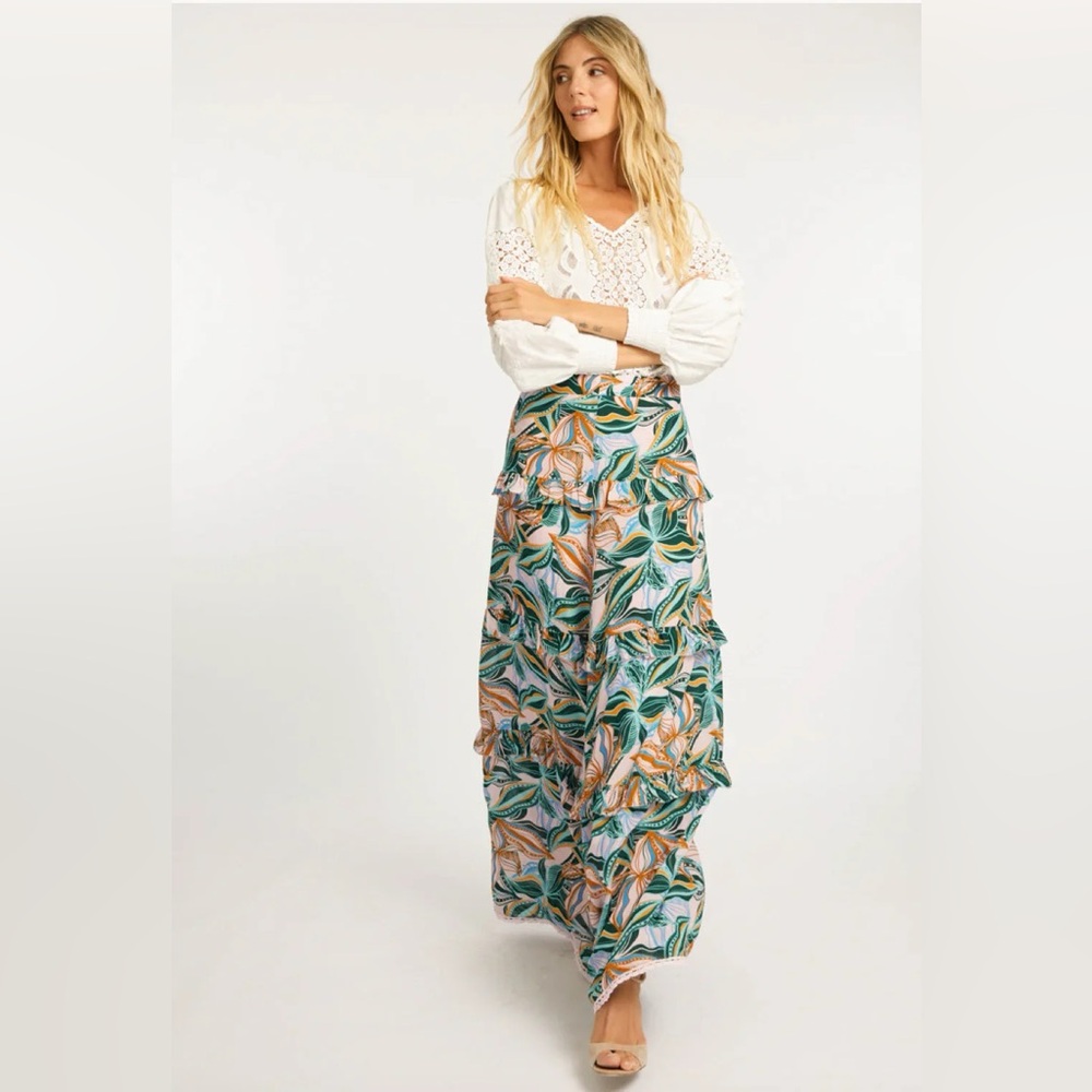 NWT Caballero Pierra Sea Leaves Tiered Maxi Skirt Size Large Vacation Beach $235